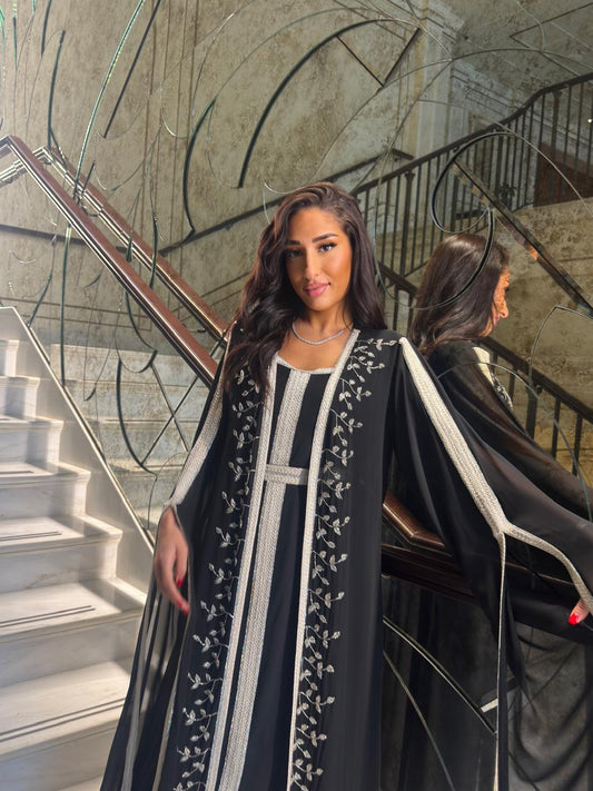 Shiffon sulk caftan with silver hand embroidery